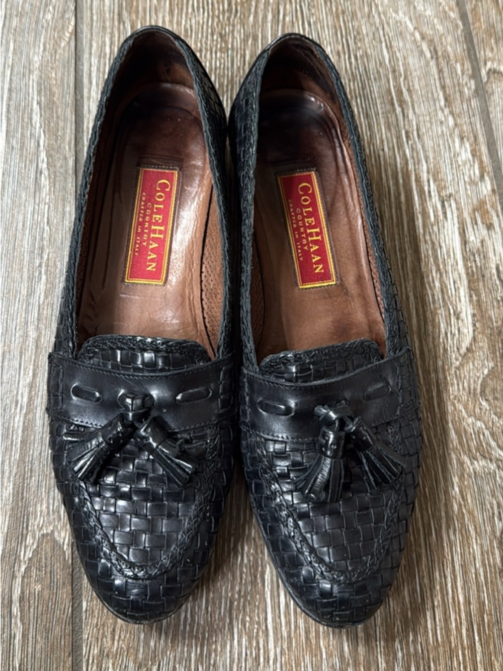 Vintage Cole Haan Black Woven Leather Tassel Loafers - Women’s size 8